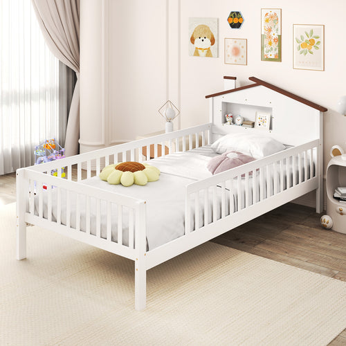 Twin Size Kids Montessori Bed with House-Shaped Headboard and Built-in Storage Shelf, White