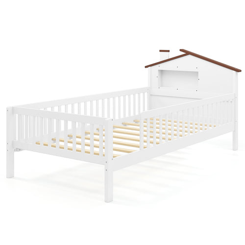 Twin Size Kids Montessori Bed with House-Shaped Headboard and Built-in Storage Shelf, White