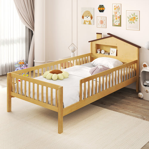 Twin Size Kids Montessori Bed with House-Shaped Headboard and Built-in Storage Shelf, Natural