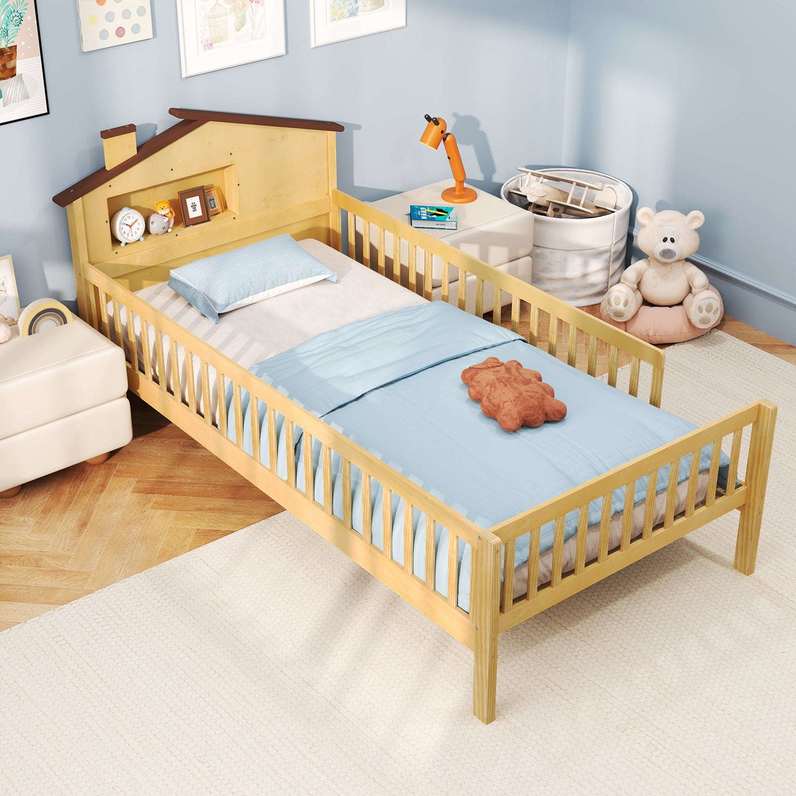 Twin Size Kids Montessori Bed with House-Shaped Headboard and Built-in Storage Shelf, Natural Simple Bed Frame at Gallery Canada
