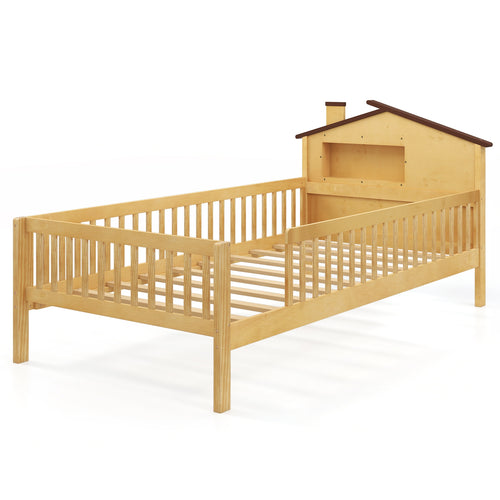 Twin Size Kids Montessori Bed with House-Shaped Headboard and Built-in Storage Shelf, Natural