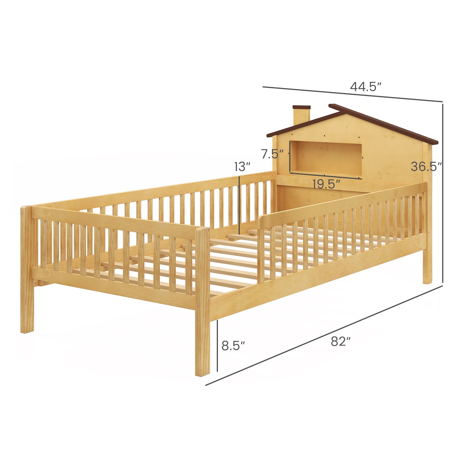 Twin Size Kids Montessori Bed with House-Shaped Headboard and Built-in Storage Shelf, Natural Simple Bed Frame at Gallery Canada