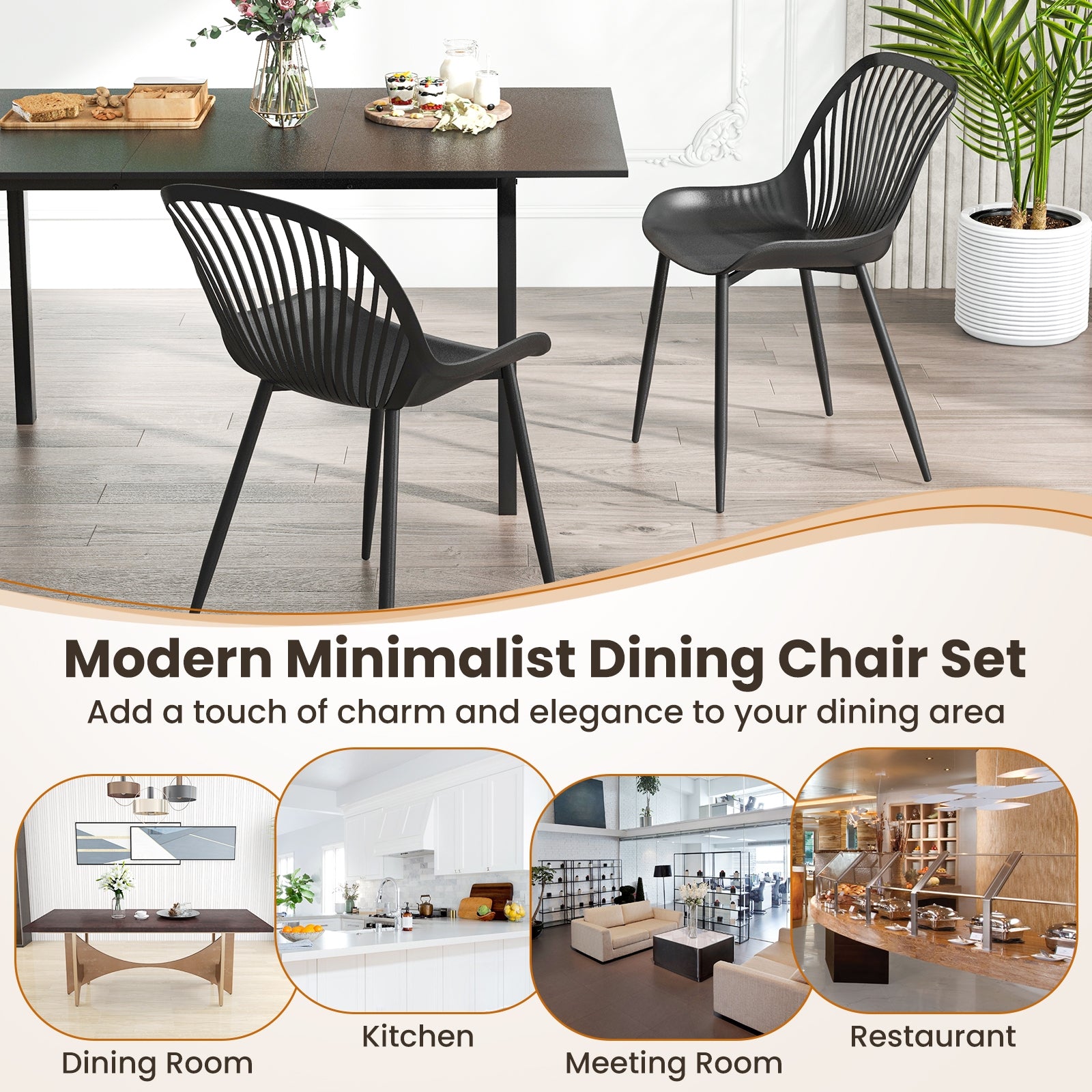 Modern Kitchen Chairs with Metal Legs  Cutout Backrest  Curved Seat for Dining Room Home Office, Black Dining Chairs   at Gallery Canada