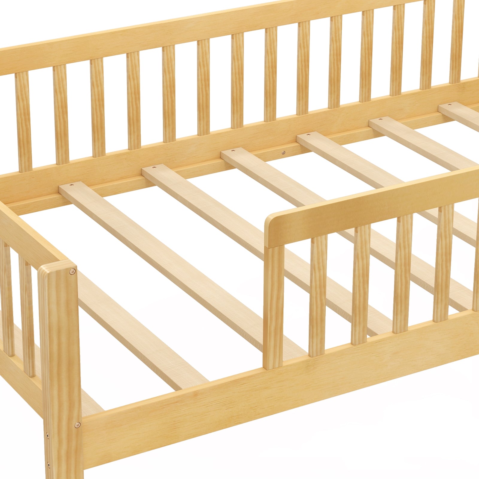Twin Size Kids Montessori Bed with House-Shaped Headboard and Built-in Storage Shelf, Natural Simple Bed Frame at Gallery Canada