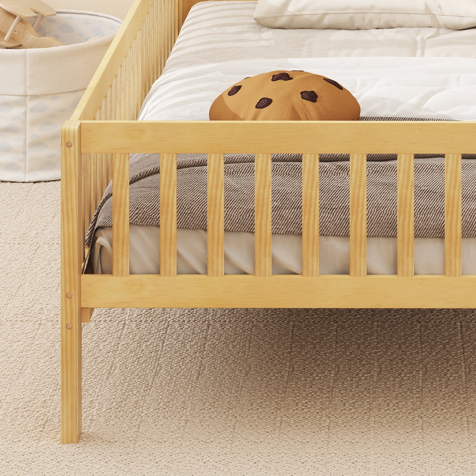 Twin Size Kids Montessori Bed with House-Shaped Headboard and Built-in Storage Shelf, Natural Simple Bed Frame at Gallery Canada