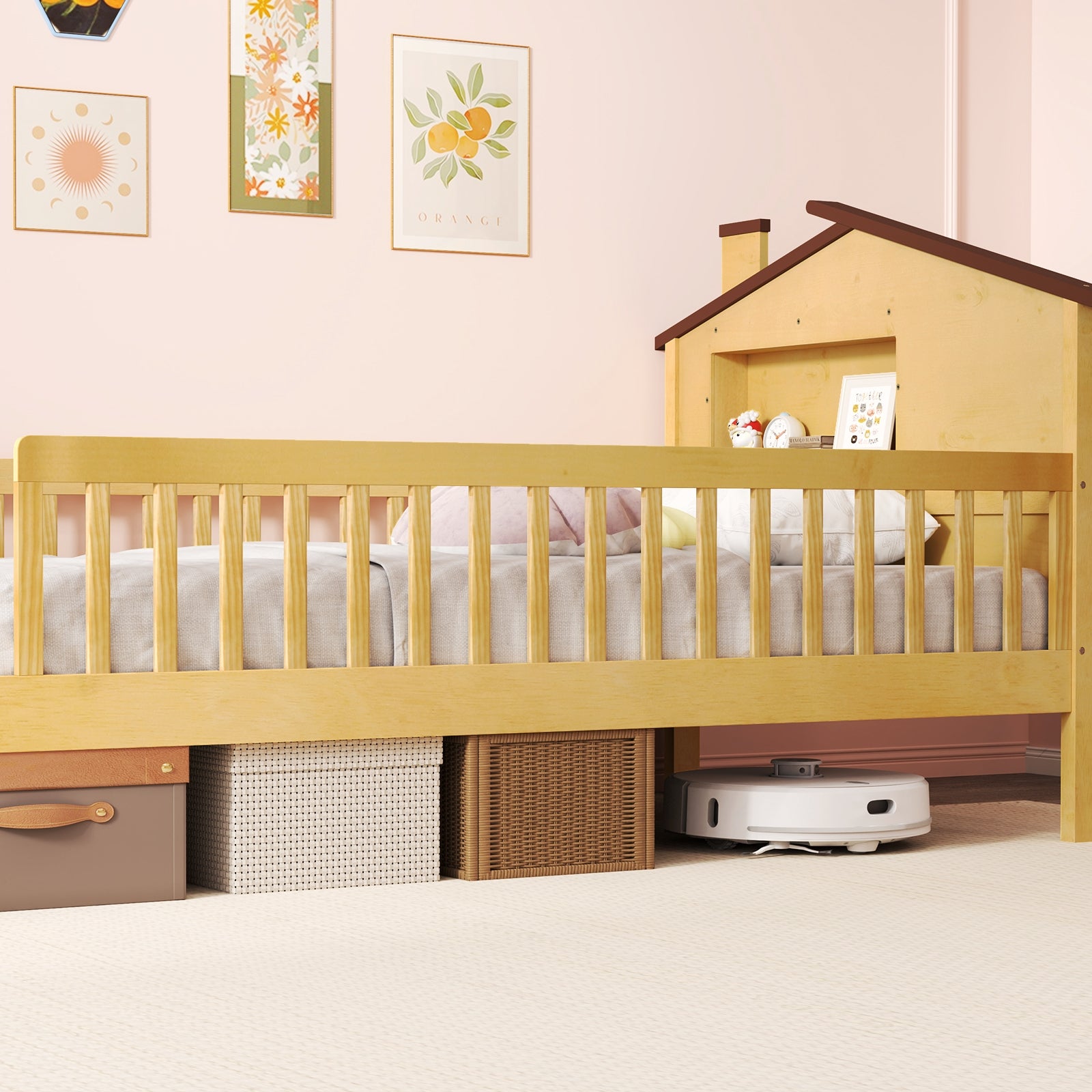 Twin Size Kids Montessori Bed with House-Shaped Headboard and Built-in Storage Shelf, Natural Simple Bed Frame at Gallery Canada