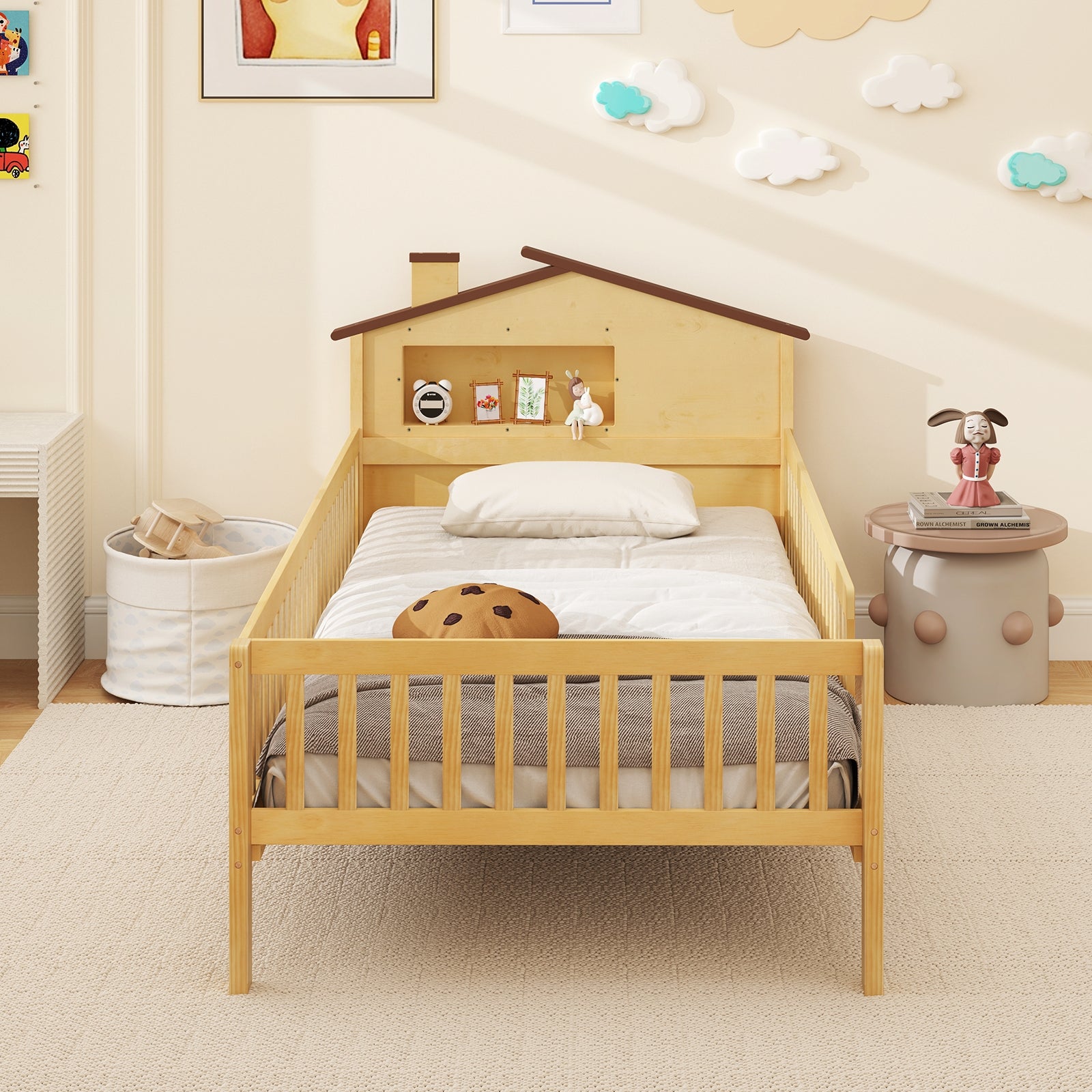 Twin Size Kids Montessori Bed with House-Shaped Headboard and Built-in Storage Shelf, Natural Simple Bed Frame at Gallery Canada