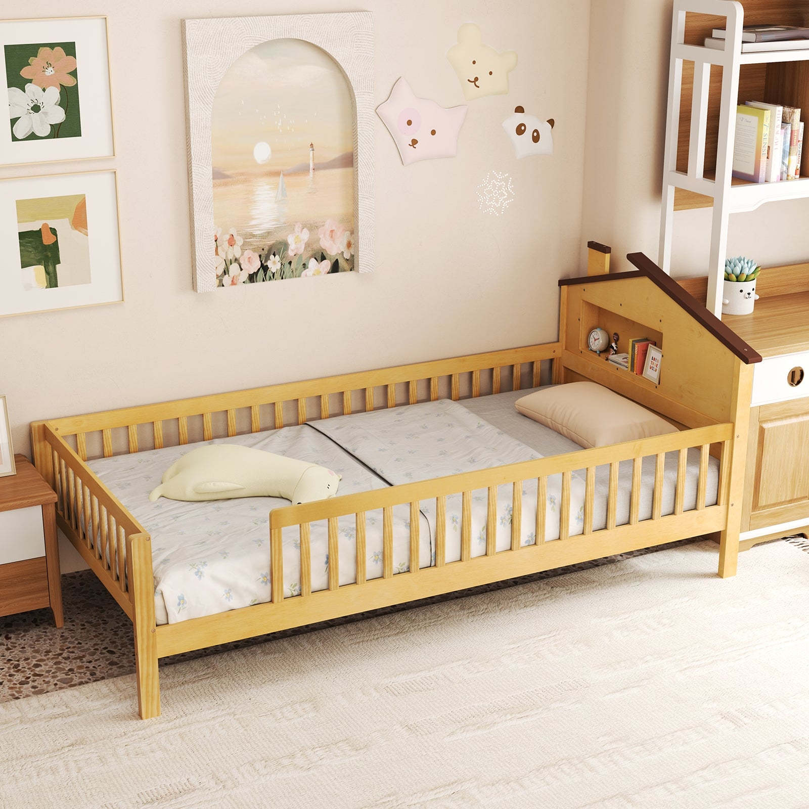 Twin Size Kids Montessori Bed with House-Shaped Headboard and Built-in Storage Shelf, Natural Simple Bed Frame at Gallery Canada