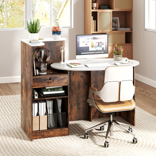 Modern Reception Desk Front Counter Desk with Oval Tabletop, Rustic Brown