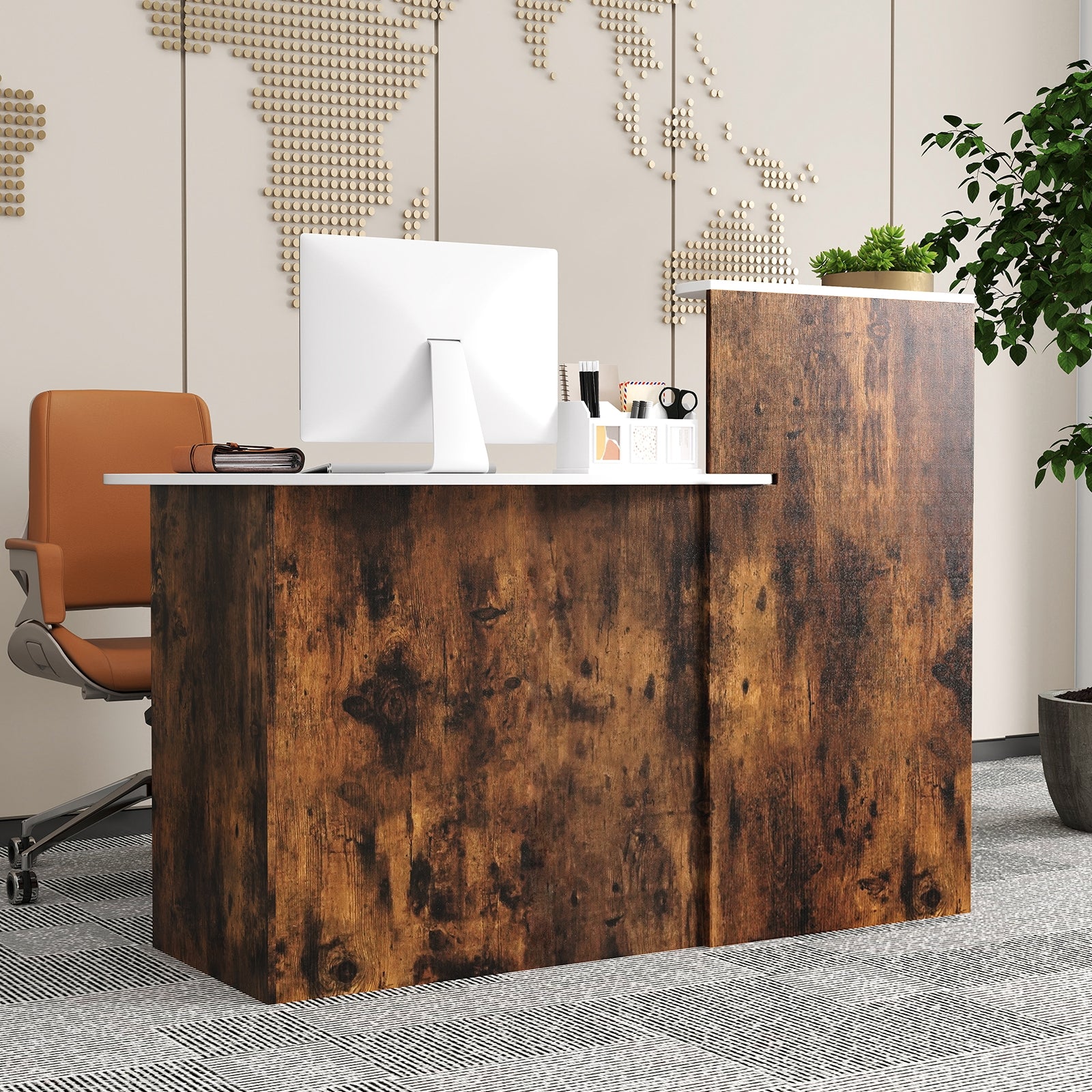 Modern Reception Desk Front Counter Desk with Oval Tabletop, Rustic Brown Computer Desks at Gallery Canada