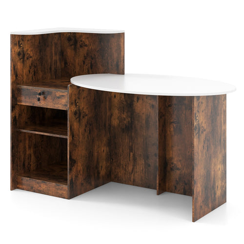 Modern Reception Desk Front Counter Desk with Oval Tabletop, Rustic Brown