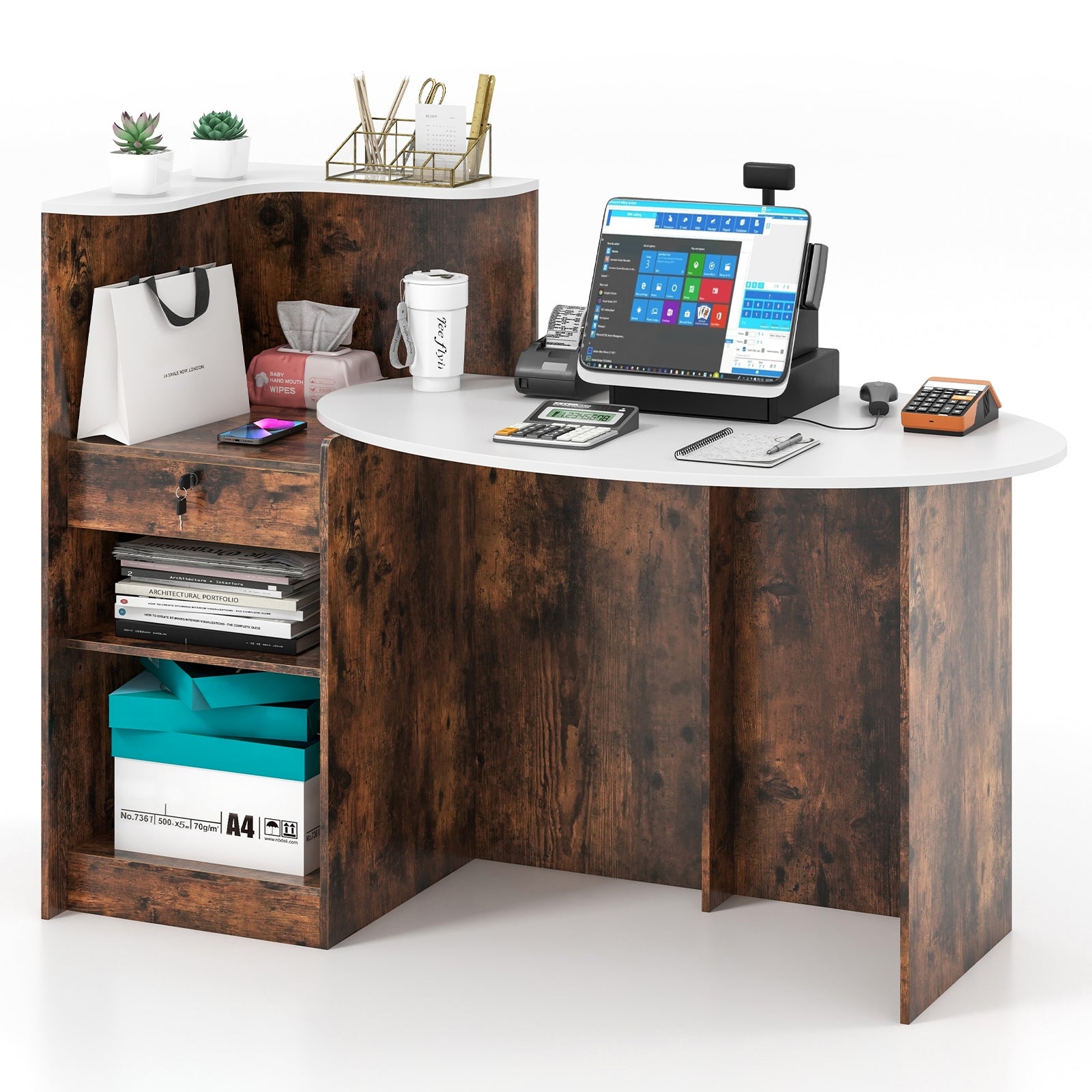 Modern Reception Desk Front Counter Desk with Oval Tabletop, Rustic Brown Computer Desks at Gallery Canada