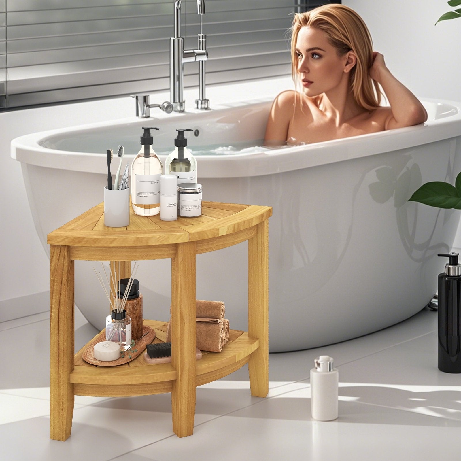Teak Wood Shower Bench with Storage Shelf for Inside Shower to Sit on, Natural Bath Safety at Gallery Canada