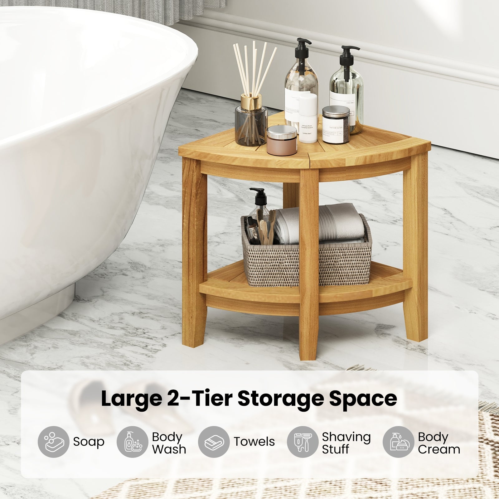 Teak Wood Shower Bench with Storage Shelf for Inside Shower to Sit on, Natural Bath Safety at Gallery Canada