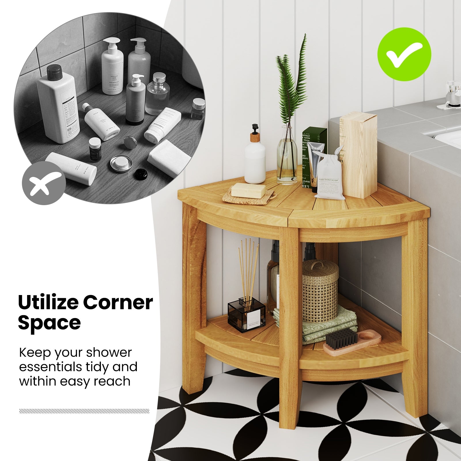 Teak Wood Shower Bench with Storage Shelf for Inside Shower to Sit on, Natural Bath Safety at Gallery Canada