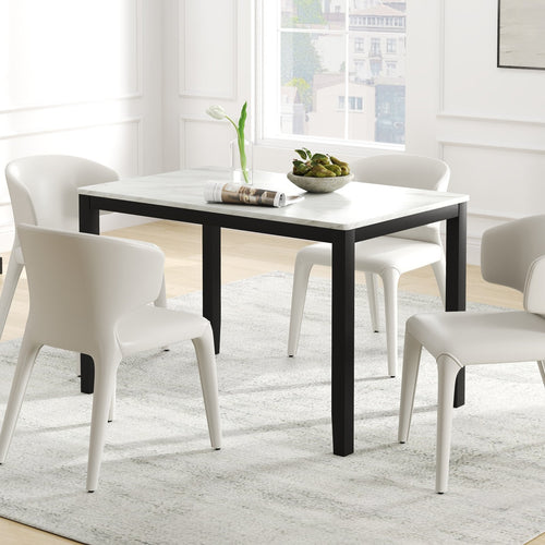 45 Inch Rectangular Mid Century Dining Table with Faux Marble Tabletop for 4 People, Black & White