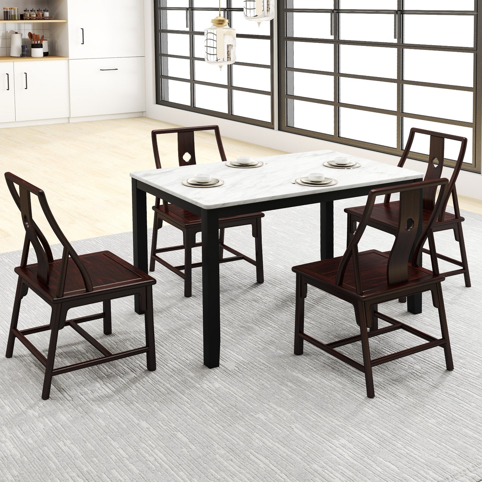 45 Inch Rectangular Mid Century Dining Table with Faux Marble Tabletop for 4 People, Black & White Dining Tables at Gallery Canada