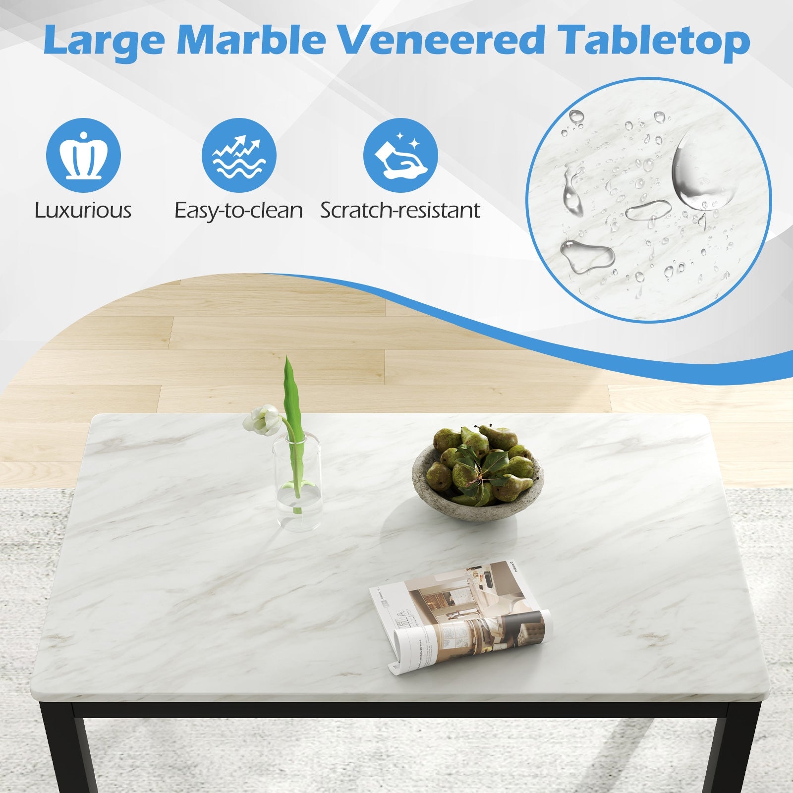 45 Inch Rectangular Mid Century Dining Table with Faux Marble Tabletop for 4 People, Black & White Dining Tables at Gallery Canada