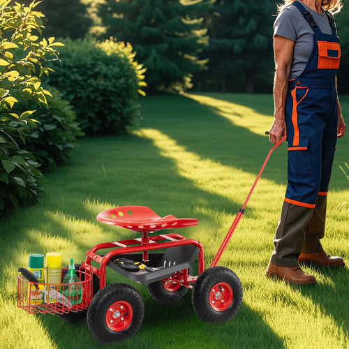 Extendable Handle Garden Cart Rolling Wagon Scooter, Red