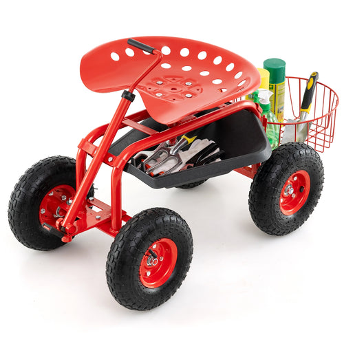 Extendable Handle Garden Cart Rolling Wagon Scooter, Red