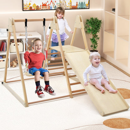 5-in-1 Indoor Jungle Gym Foldable Climber Playset with Fun Slide and Adjustable Swing, Natural Climbers & Slides   at Gallery Canada