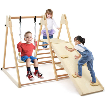 5-in-1 Indoor Jungle Gym Foldable Climber Playset with Fun Slide and Adjustable Swing, Natural Climbers & Slides   at Gallery Canada