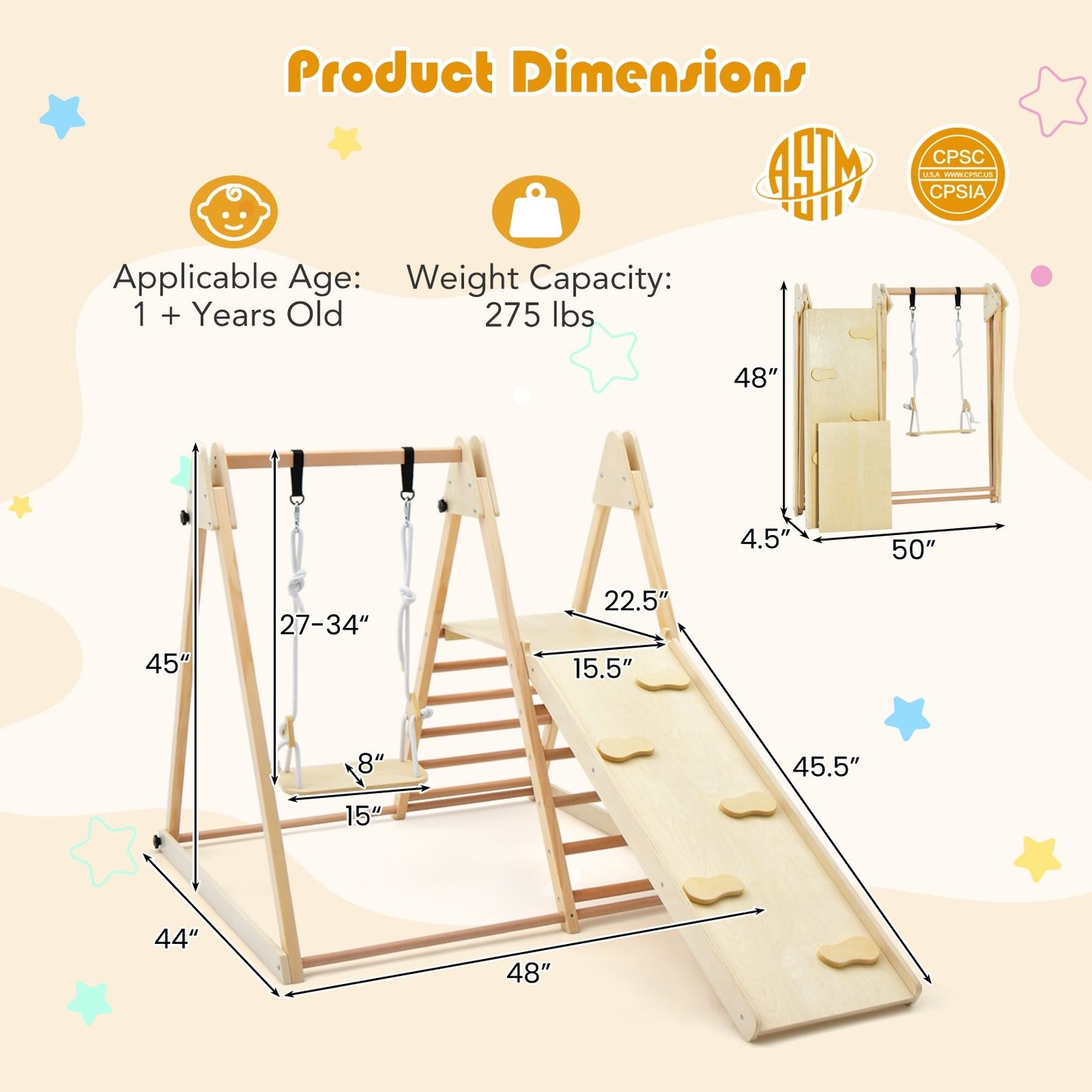 5-in-1 Indoor Jungle Gym Foldable Climber Playset with Fun Slide and Adjustable Swing, Natural Climbers & Slides   at Gallery Canada