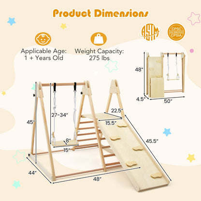 5-in-1 Indoor Jungle Gym Foldable Climber Playset with Fun Slide and Adjustable Swing, Natural Climbers & Slides   at Gallery Canada