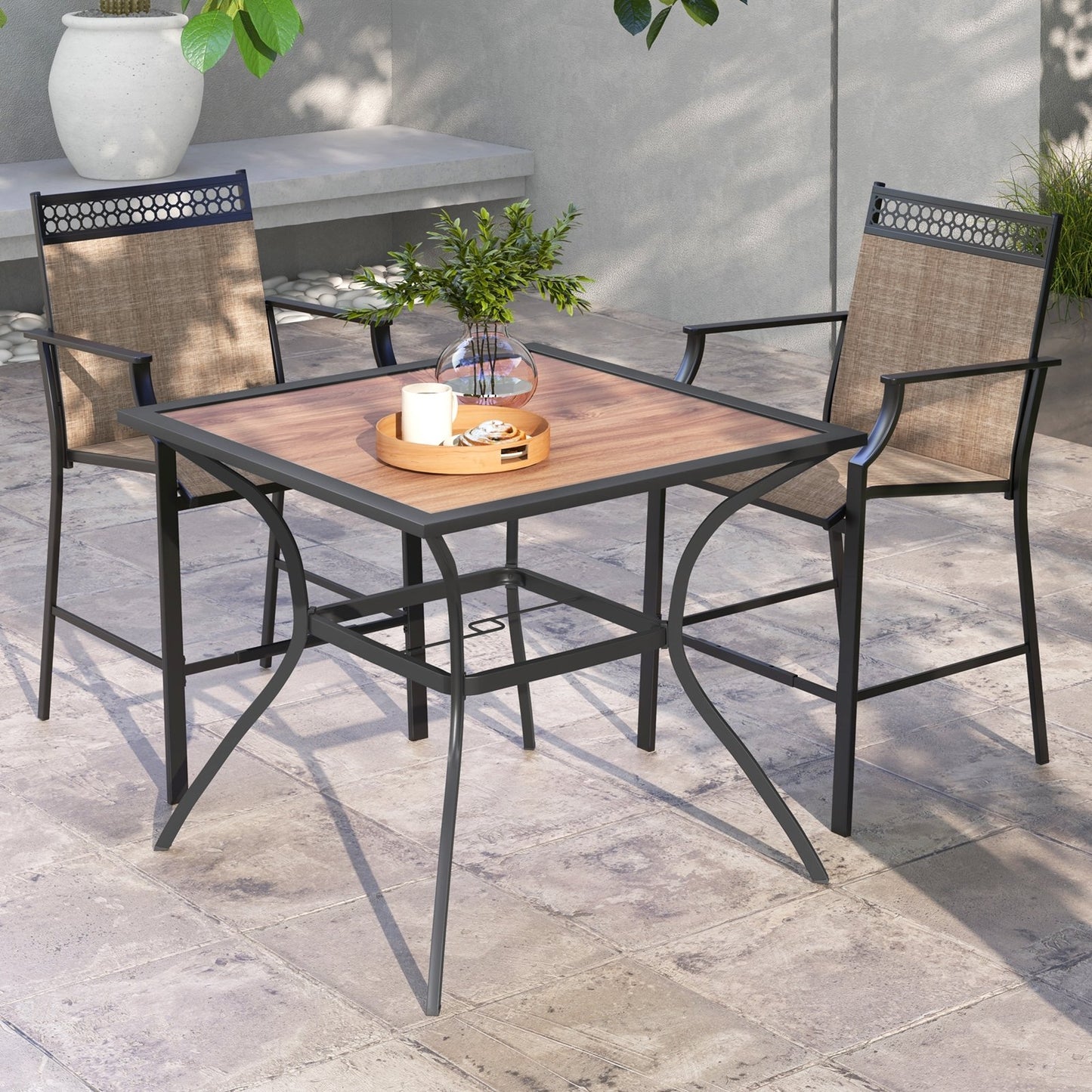 Patio Dining Table for 4 Square Bistro Table with Umbrella Holes, Black & Brown Patio Dining Tables   at Gallery Canada