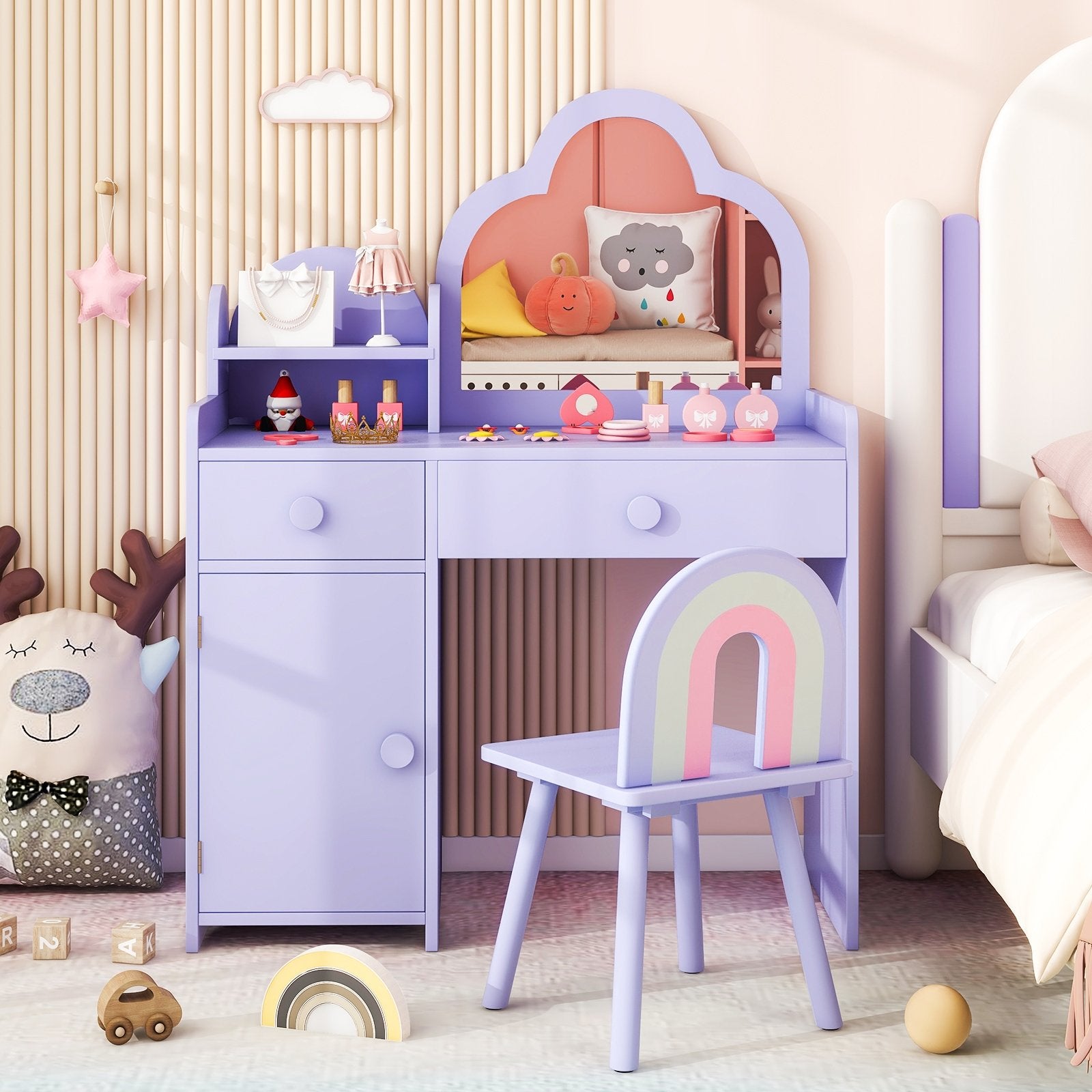 Kids Vanity Table and Chair Set with Cloud-shaped Mirror and Open Shelf, Purple Kids Vanities at Gallery Canada