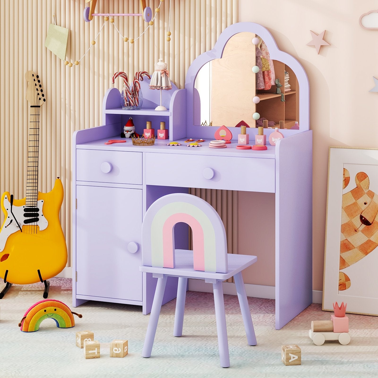 Kids Vanity Table and Chair Set with Cloud-shaped Mirror and Open Shelf, Purple Kids Vanities at Gallery Canada