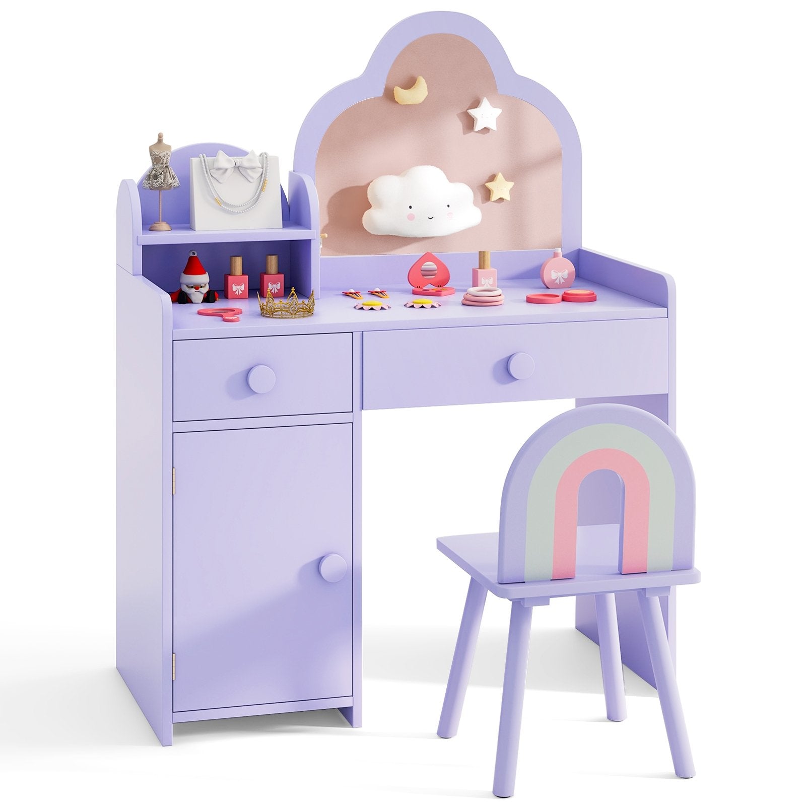 Kids Vanity Table and Chair Set with Cloud-shaped Mirror and Open Shelf, Purple Kids Vanities Purple at Gallery Canada