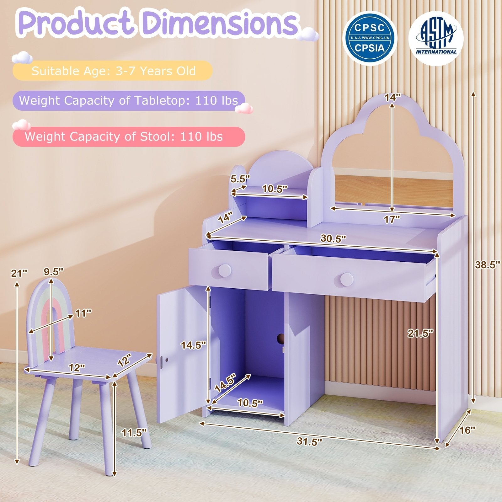 Kids Vanity Table and Chair Set with Cloud-shaped Mirror and Open Shelf, Purple Kids Vanities at Gallery Canada