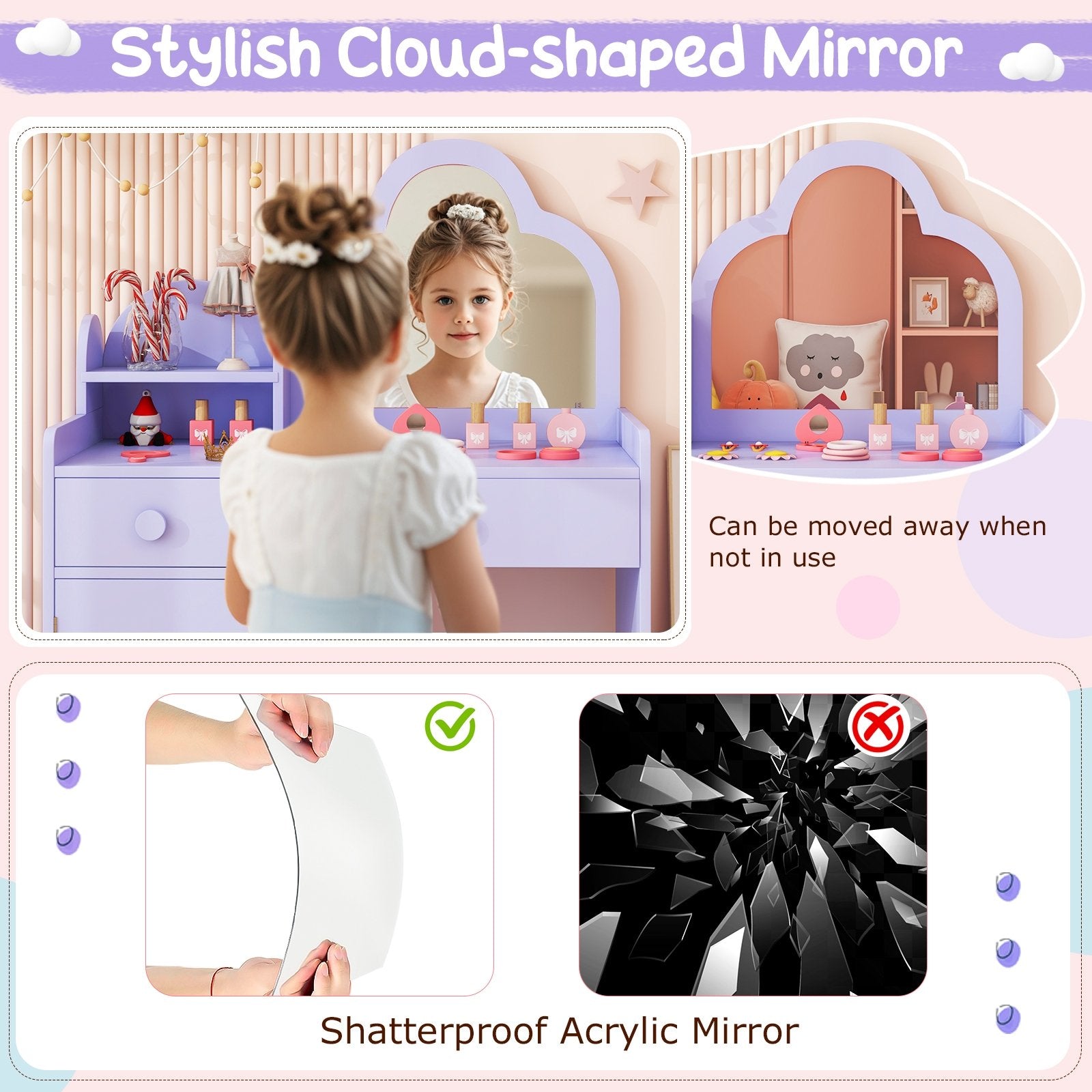 Kids Vanity Table and Chair Set with Cloud-shaped Mirror and Open Shelf, Purple Kids Vanities at Gallery Canada