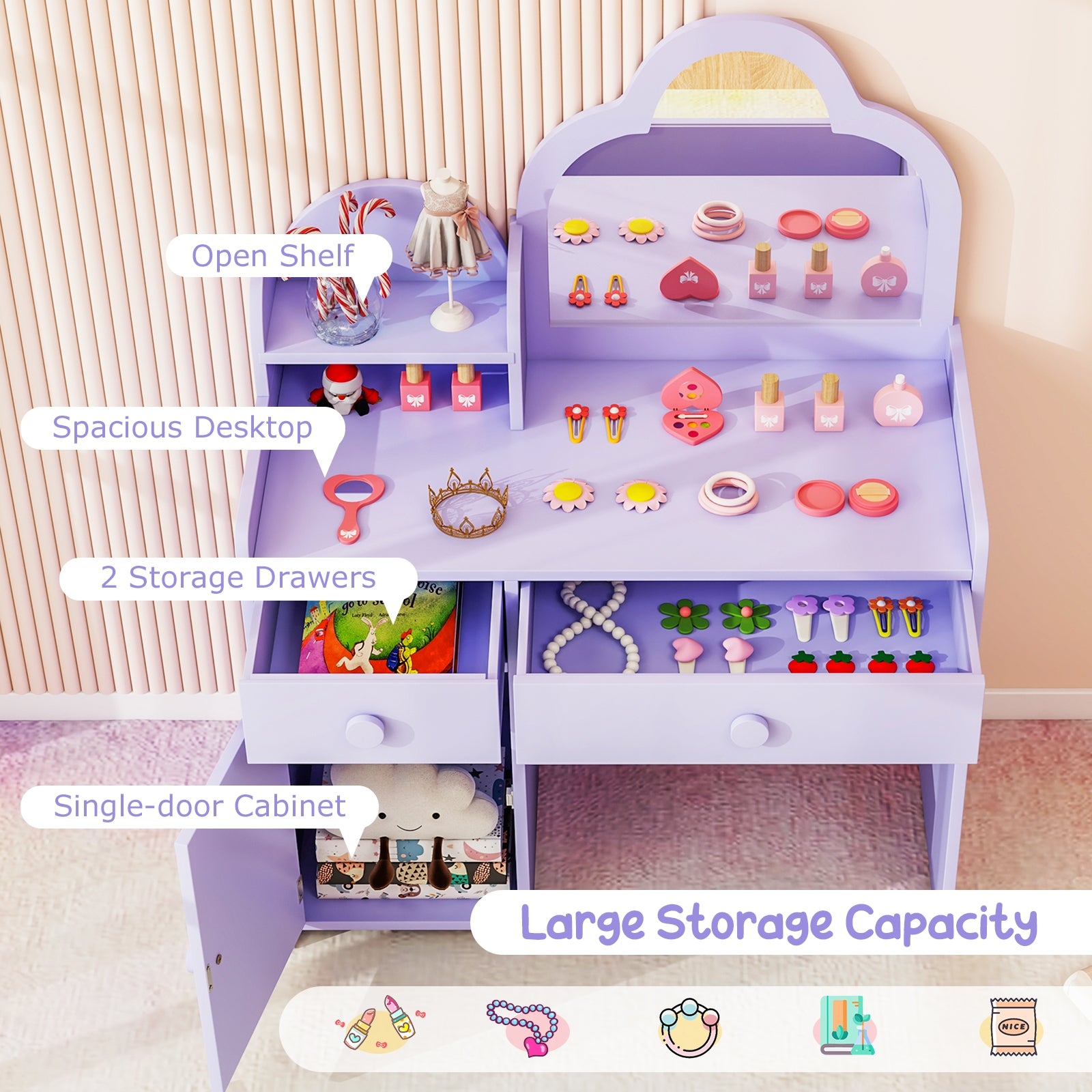 Kids Vanity Table and Chair Set with Cloud-shaped Mirror and Open Shelf, Purple Kids Vanities at Gallery Canada