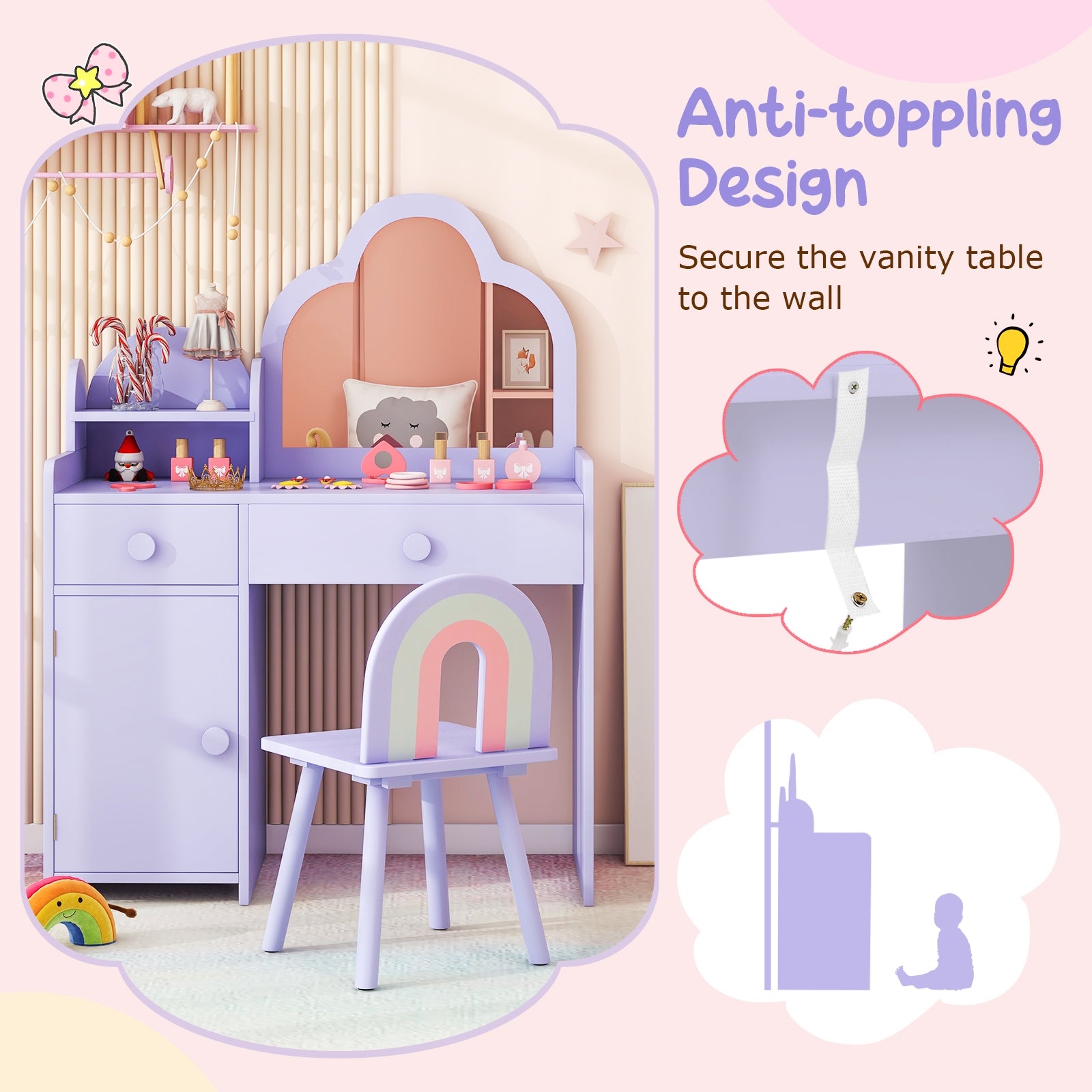 Kids Vanity Table and Chair Set with Cloud-shaped Mirror and Open Shelf, Purple Kids Vanities at Gallery Canada