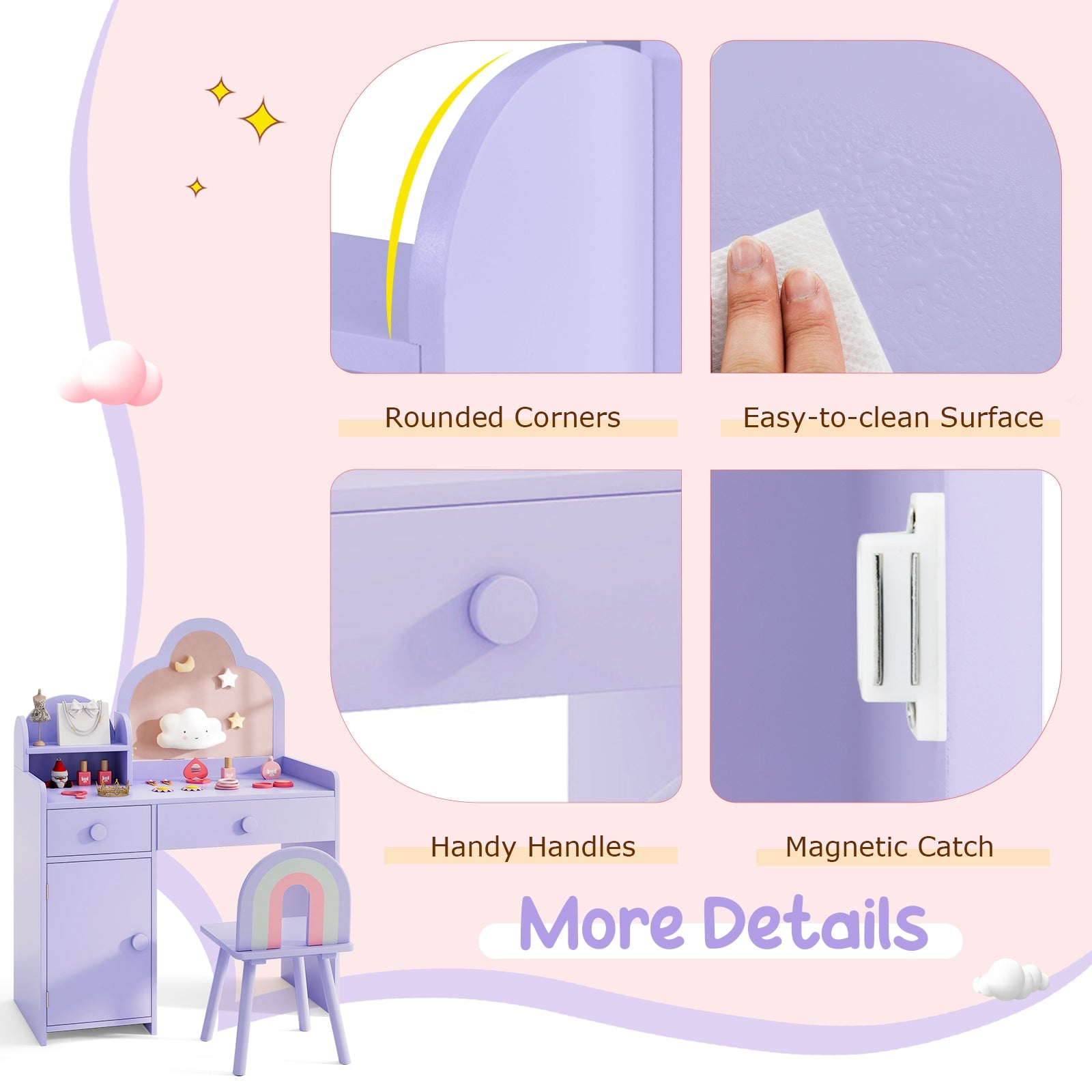 Kids Vanity Table and Chair Set with Cloud-shaped Mirror and Open Shelf, Purple Kids Vanities at Gallery Canada