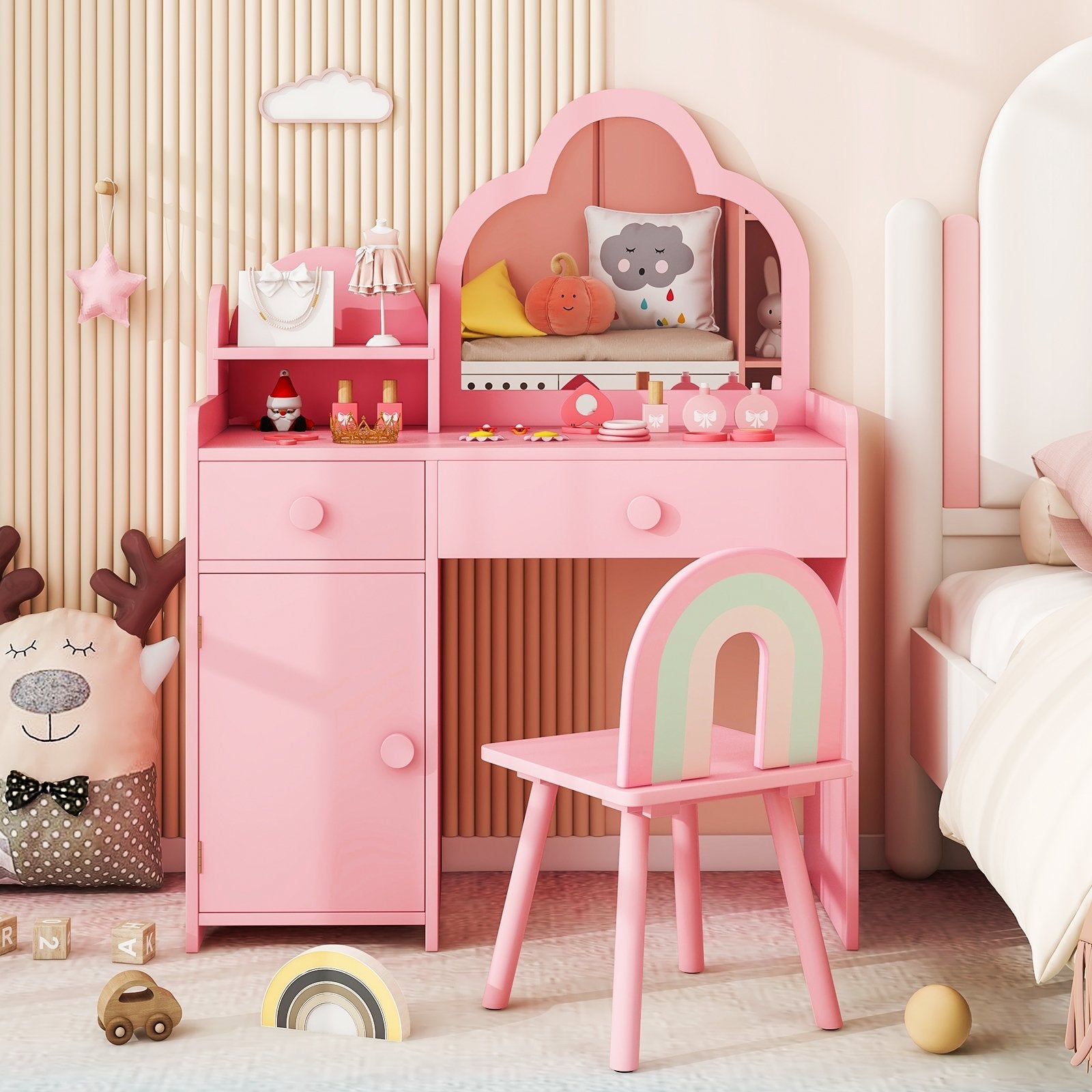 Kids Vanity Table and Chair Set with Cloud-shaped Mirror and Open Shelf, Pink Kids Vanities at Gallery Canada