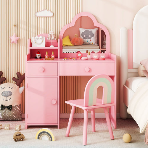 Kids Vanity Table and Chair Set with Cloud-shaped Mirror and Open Shelf, Pink