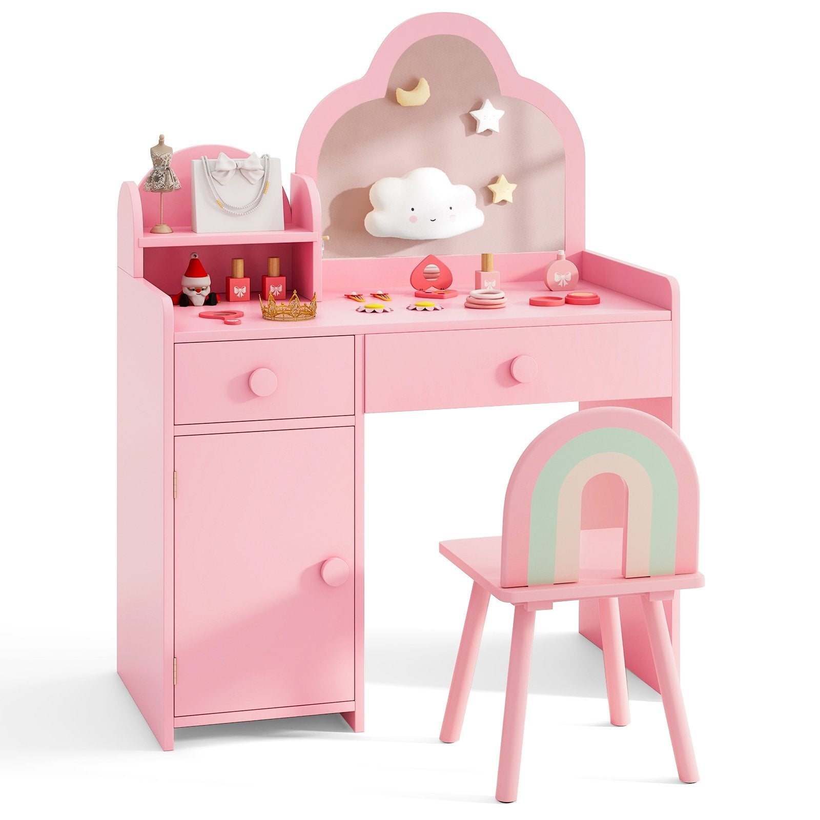 Kids Vanity Table and Chair Set with Cloud-shaped Mirror and Open Shelf, Pink Kids Vanities Pink at Gallery Canada