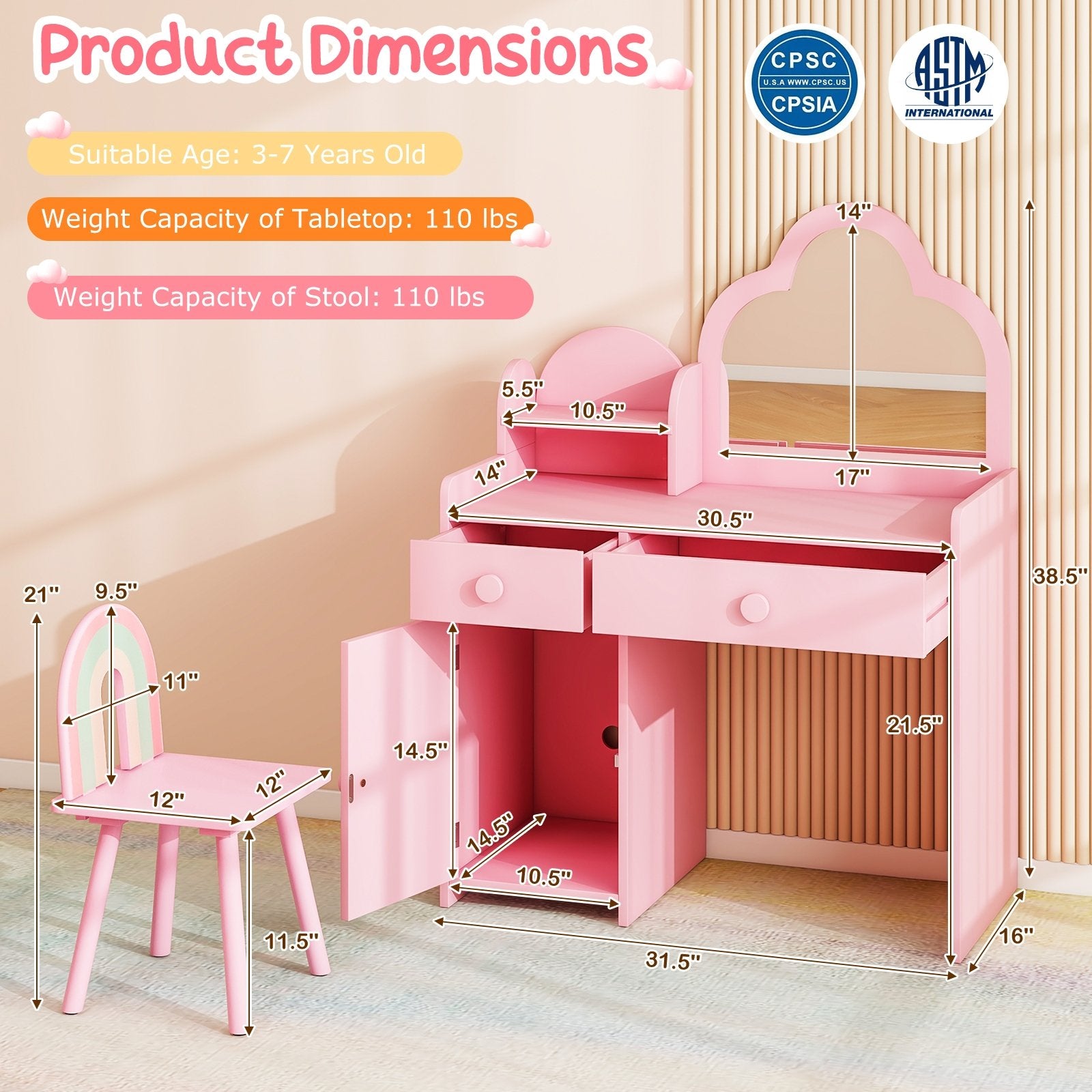 Kids Vanity Table and Chair Set with Cloud-shaped Mirror and Open Shelf, Pink Kids Vanities at Gallery Canada