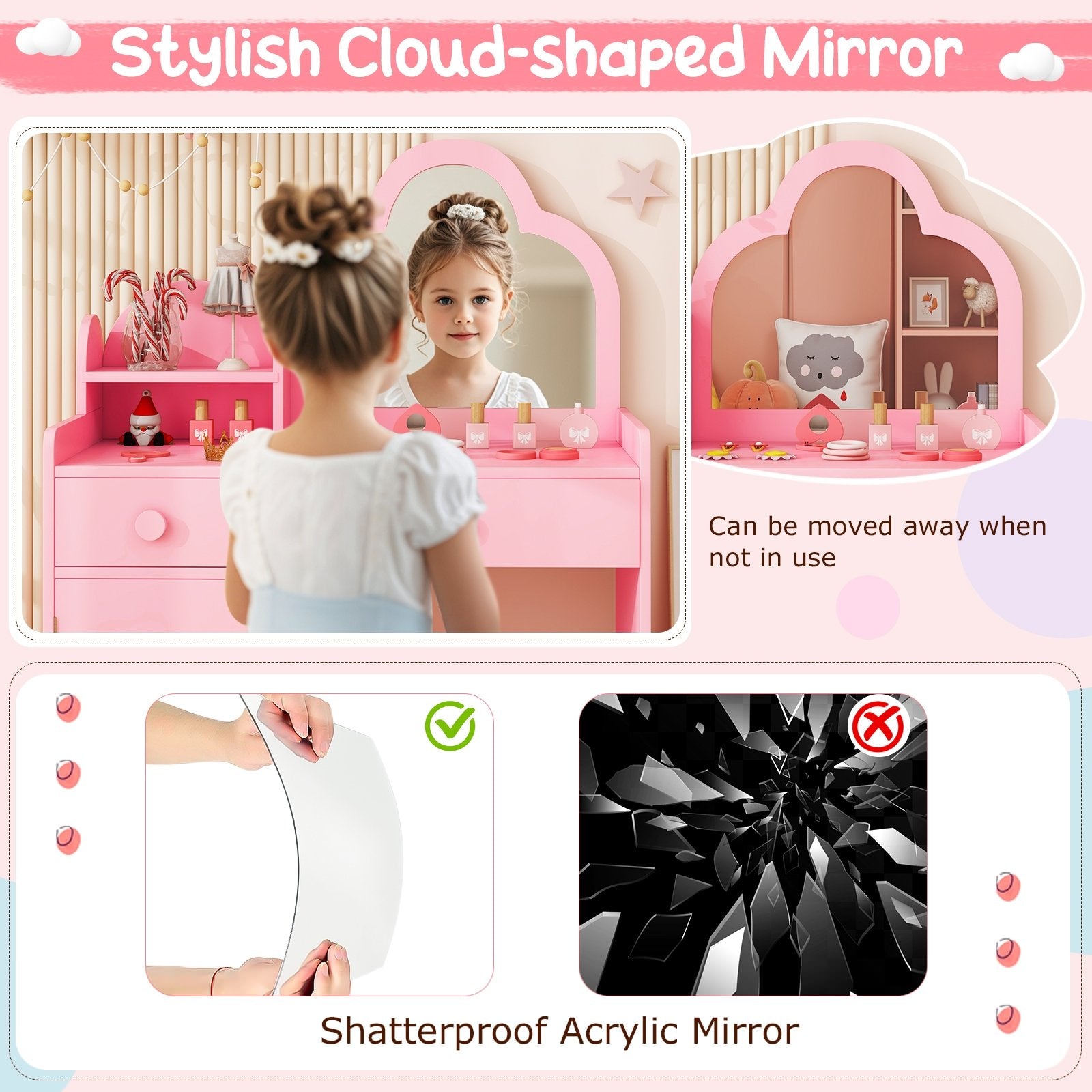 Kids Vanity Table and Chair Set with Cloud-shaped Mirror and Open Shelf, Pink Kids Vanities at Gallery Canada