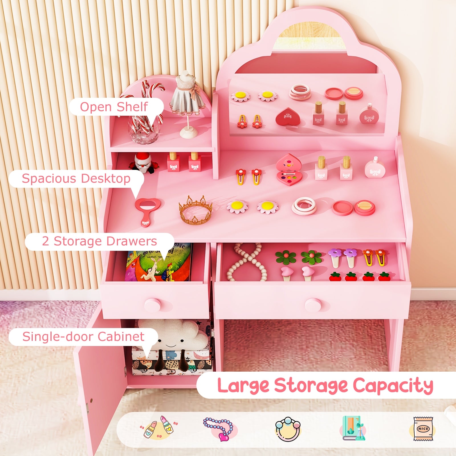 Kids Vanity Table and Chair Set with Cloud-shaped Mirror and Open Shelf, Pink Kids Vanities at Gallery Canada