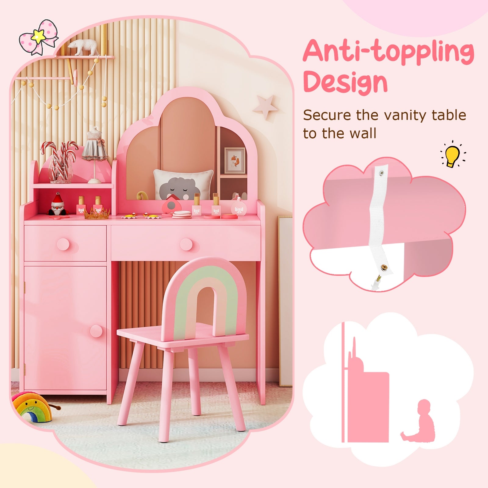 Kids Vanity Table and Chair Set with Cloud-shaped Mirror and Open Shelf, Pink Kids Vanities at Gallery Canada