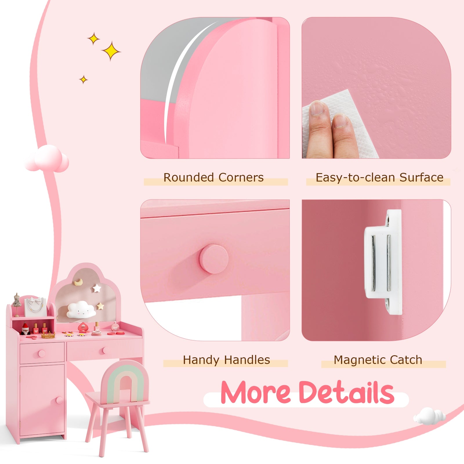 Kids Vanity Table and Chair Set with Cloud-shaped Mirror and Open Shelf, Pink Kids Vanities at Gallery Canada