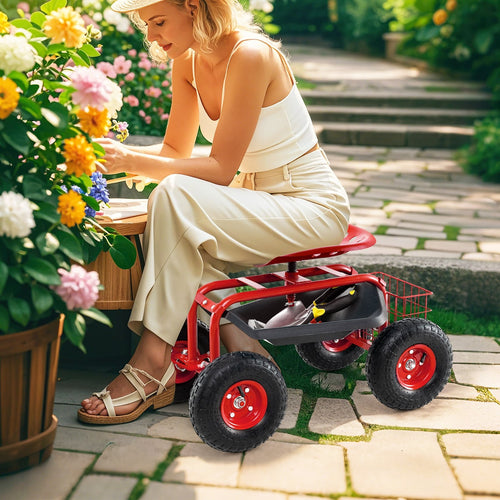 4-Wheel Rolling Garden Cart Work Seat, Red