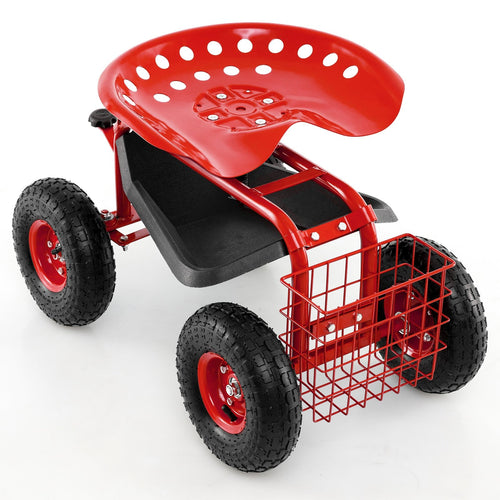 4-Wheel Rolling Garden Cart Work Seat, Red