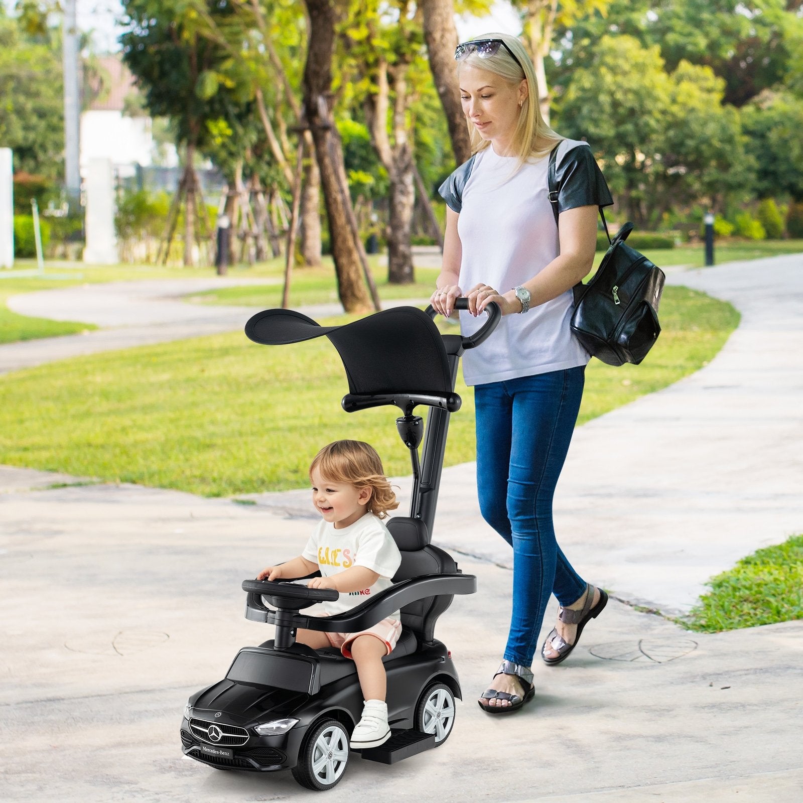 3-in-1 Ride on Push Car Mercedes-Benz Licensed Sliding Car with Canopy, Black Push & Pedal Ride On Toys at Gallery Canada