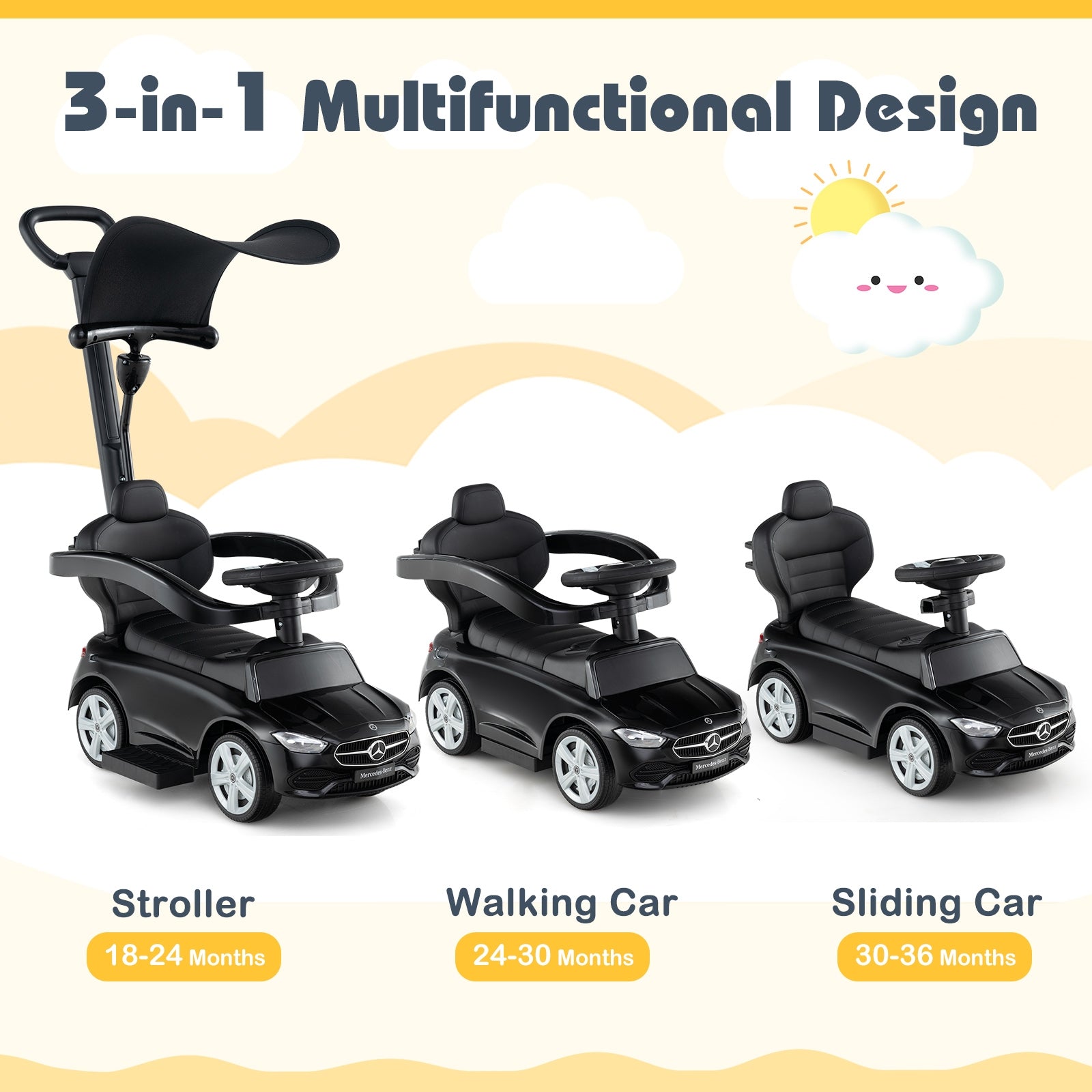 3-in-1 Ride on Push Car Mercedes-Benz Licensed Sliding Car with Canopy, Black Push & Pedal Ride On Toys at Gallery Canada