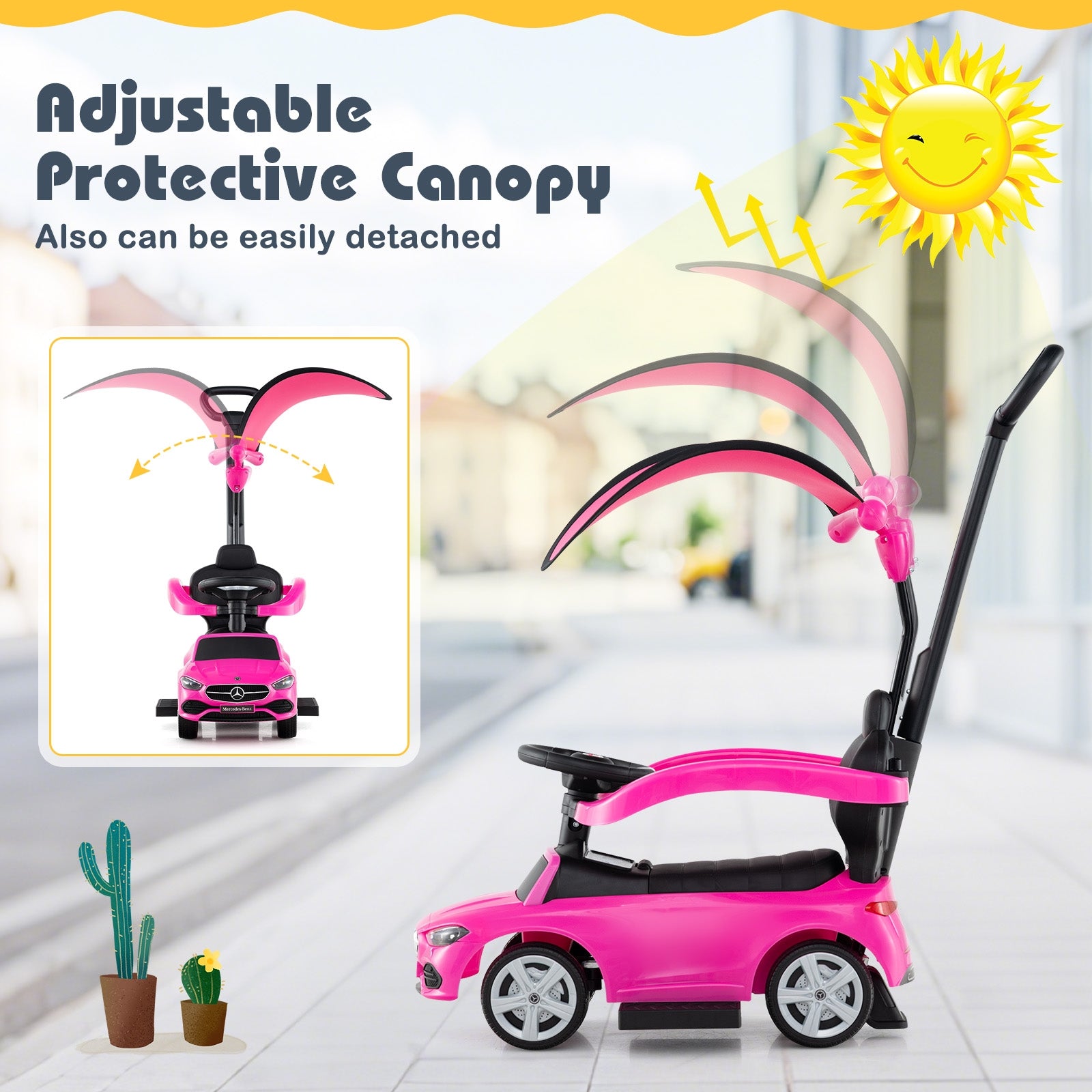 3-in-1 Ride on Push Car Mercedes-Benz Licensed Sliding Car with Canopy, Pink Push & Pedal Ride On Toys at Gallery Canada